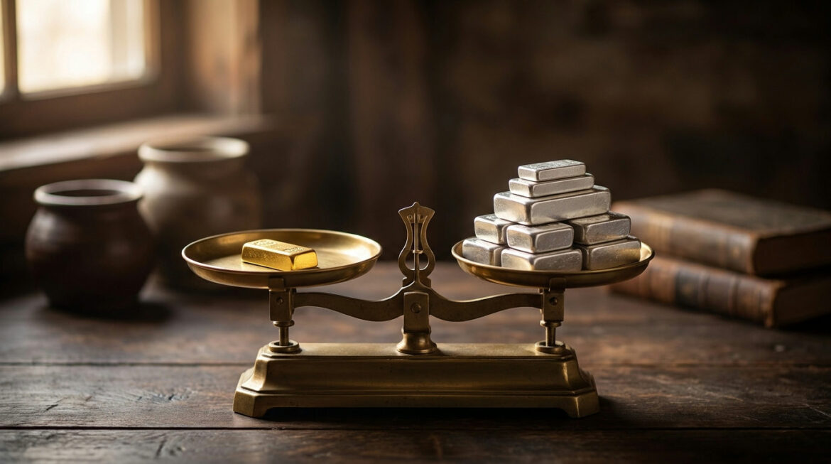 A single gold bar balanced against a larger stack of silver bars on scales, illustrating the gold silver ratio