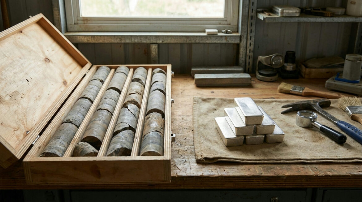 Silver-bearing rock core samples beside refined silver bars, illustrating how much silver is left
