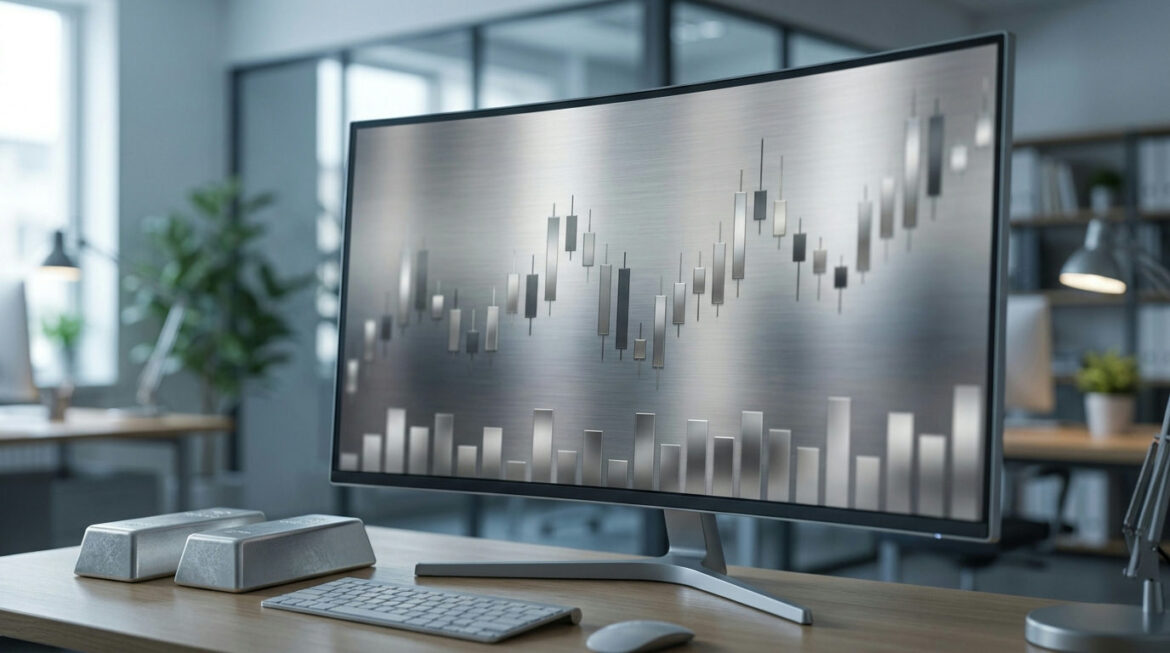 Candlestick chart on a monitor beside silver bars, illustrating how to read silver price charts