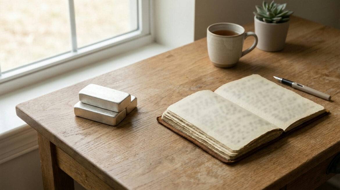 Silver bars on one side of a desk and a notepad of pros and cons on the other, illustrating is silver a good investment