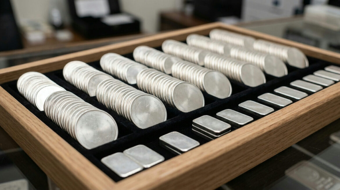 Stacks of plain silver coins and small bars in a dealer's display, illustrating silver coin and bar demand