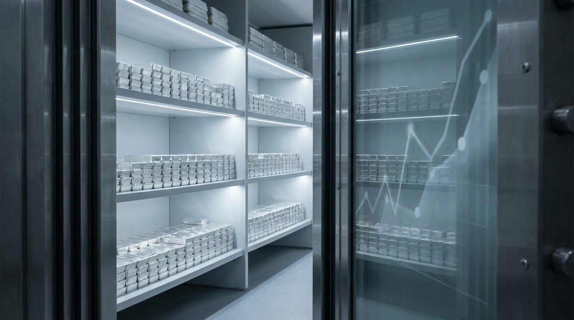 Rows of silver bars in a custodian vault with a stock chart screen, illustrating silver ETF holdings