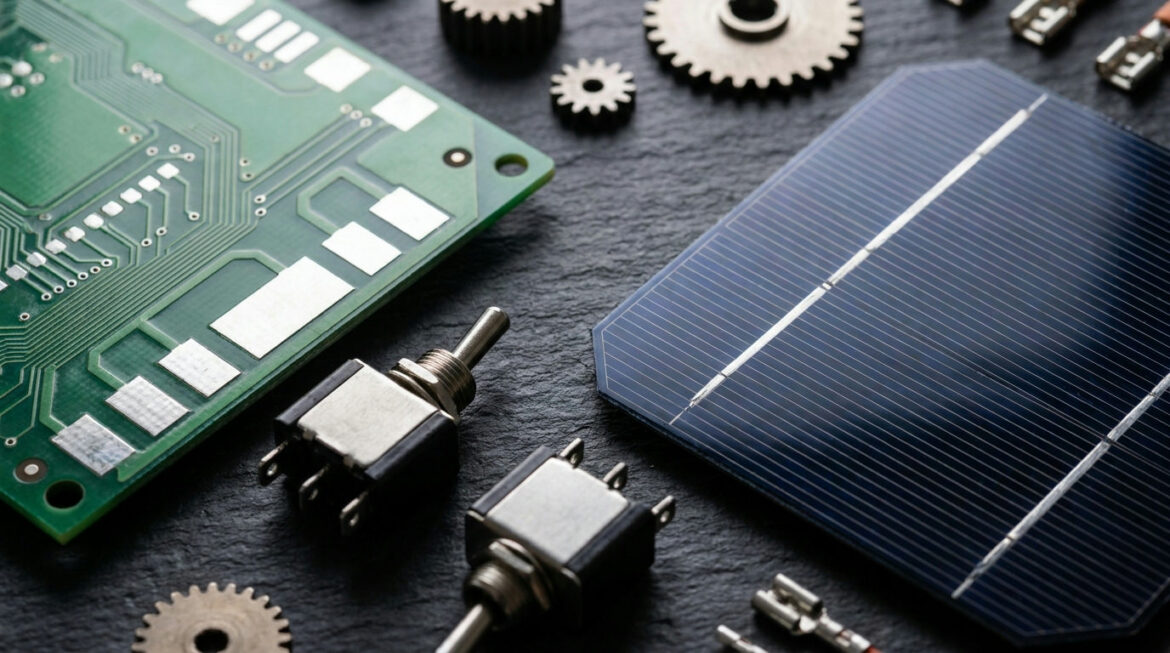 Circuit boards, electrical contacts and a solar cell with silver lines, illustrating silver industrial demand