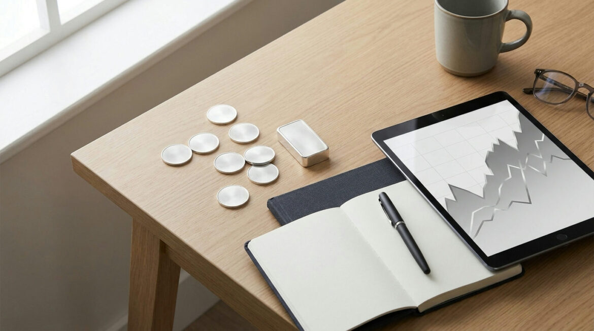 Silver coins, a silver bar and a price chart on a tablet, illustrating a silver investing guide to how the market works