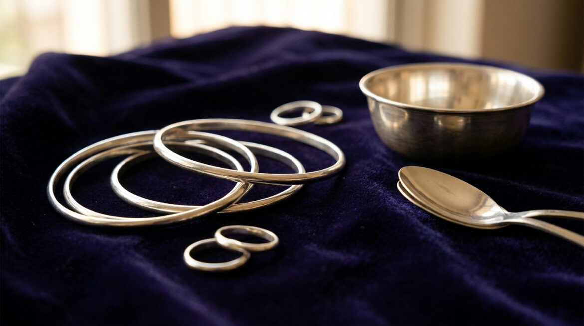 Silver bangles, rings and a silverware set on display, illustrating silver jewelry demand
