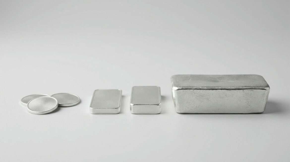 Silver coins, small bars and a large bar arranged by size, illustrating how the silver premium over spot varies by product