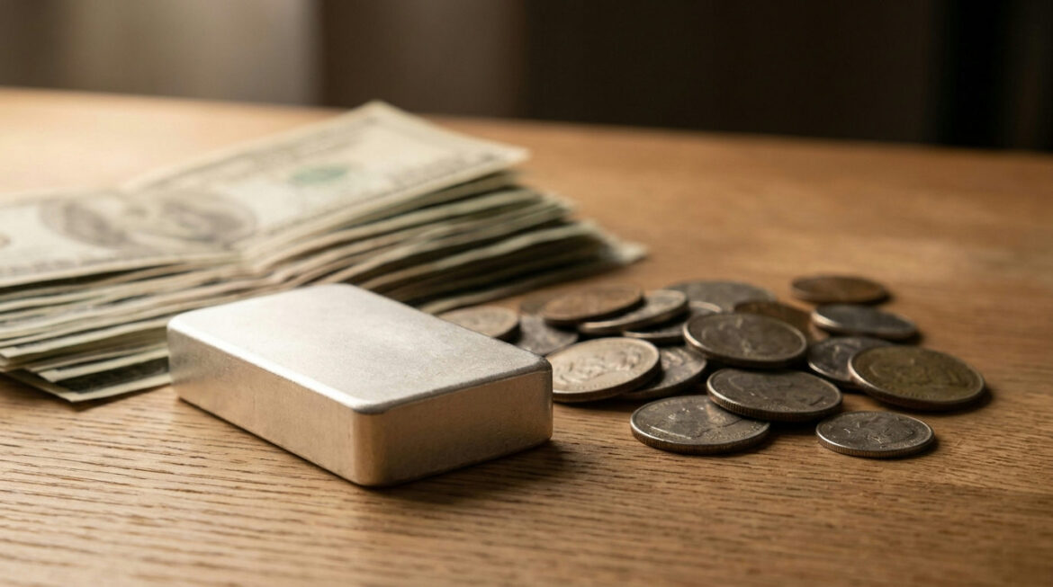 Silver bar beside US dollar banknotes and world currency coins, illustrating the silver price and US dollar relationship