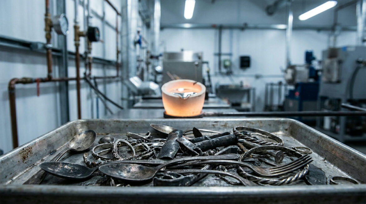 Old silverware and jewellery in a tray at a refinery, illustrating silver recycling