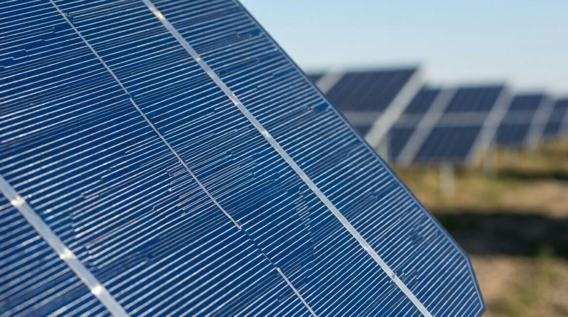 Close-up of a solar cell showing fine silver contact lines, illustrating silver solar panel demand