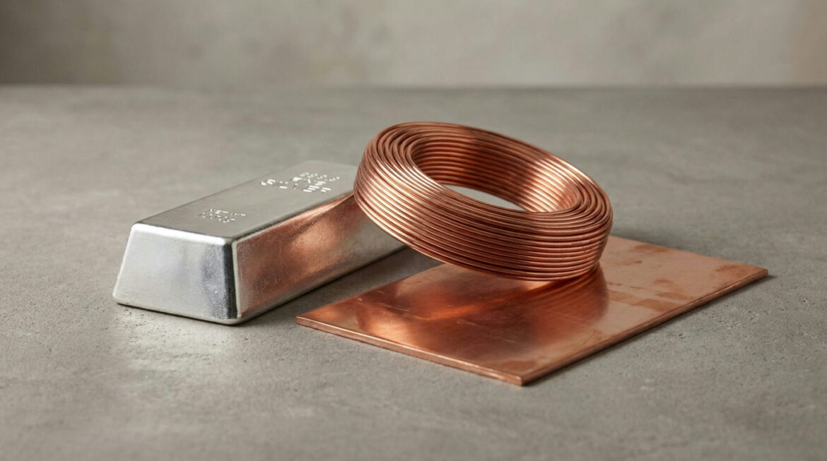 A silver bar next to a coil of copper wire and a copper cathode, illustrating silver vs copper