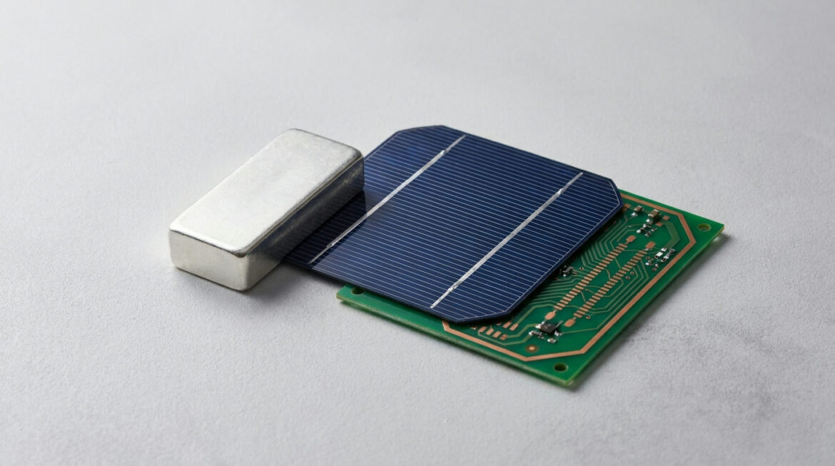 Silver bars alongside solar panel cells and electronic circuit boards, illustrating what drives silver prices