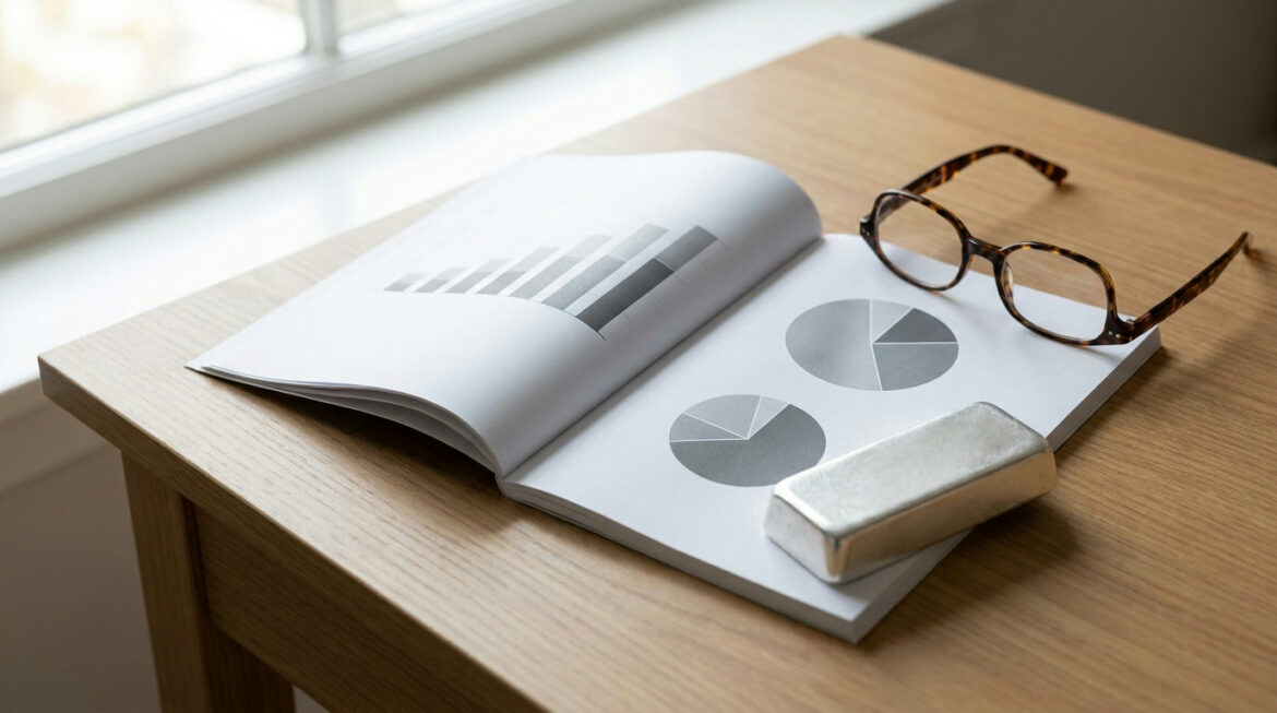 Printed industry report with charts beside a silver bar, illustrating the World Silver Survey
